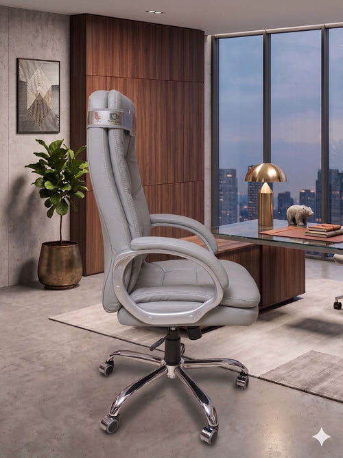 COZY CUB Office Designer Chair PP Chrome Arms High Back Leatherette Office Executive Chair (Grey, Optional Installation Available)