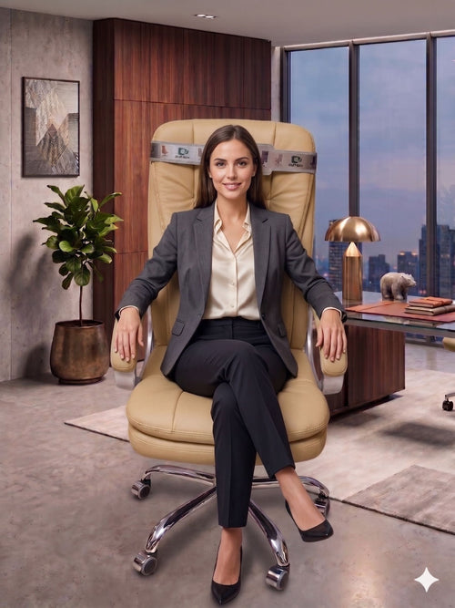 COZY CUB Office Designer Chair PP Chrome Arms High Back Leatherette Office Executive Chair (Cream, Optional Installation Available)