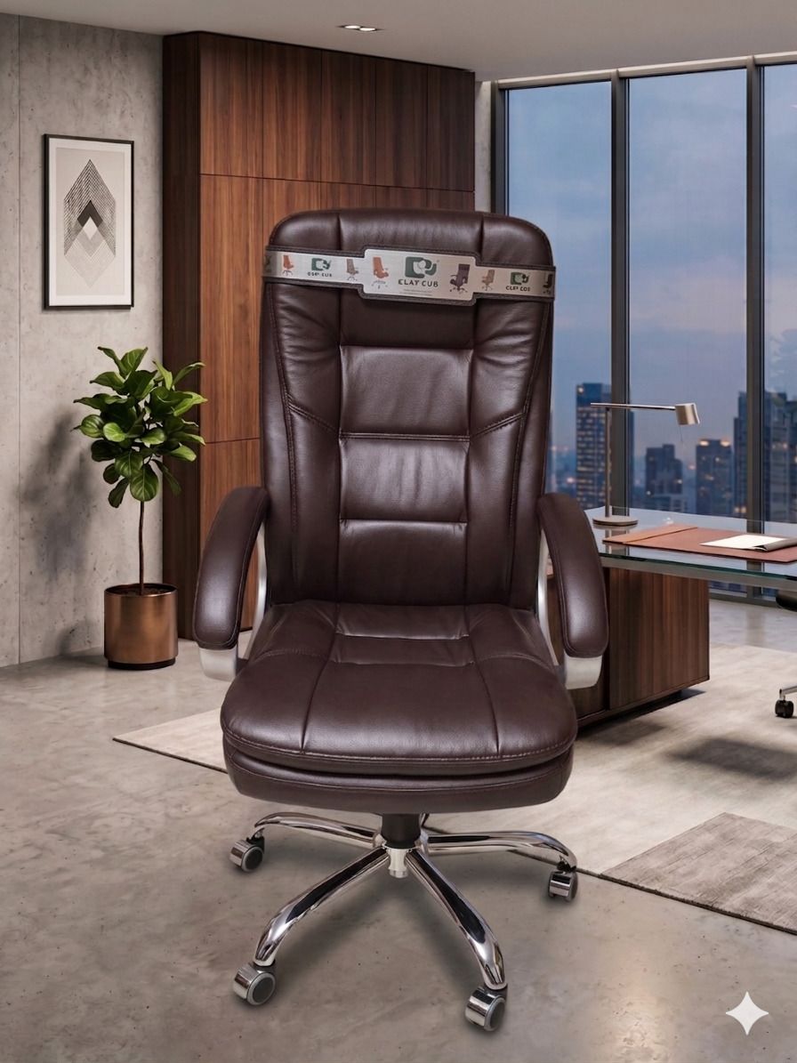 COZY CUB Office Designer Chair PP Chrome Arms High Back Leatherette Office Executive Chair (Dark Brown, Optional Installation Available)