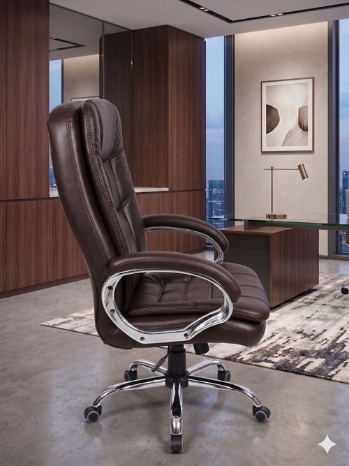 COZY CUB Office Designer Chair PP Chrome Arms High Back Leatherette Office Executive Chair (Dark Brown, Optional Installation Available)